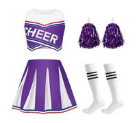 JoyinTcos Costume da cheerleader per bambini, 4 pezzi, vestito da cheerleader per bambini, con pompon e calzini, copricapo per carnevale e Halloween (viola, S)