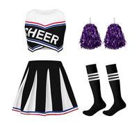 JoyinTcos Costume da cheerleader per bambini, 4 pezzi, vestito da cheerleader per bambini, con pompon e calzini, copricapo per carnevale, Halloween (nero, XL)