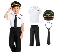 JoyinTcos Costume da pilota per bambini con cravatta uniforme da capitano | Set da 4 pezzi, abbigliamento da compagnia aerea, eventi per il giorno della carriera, feste di Halloween, ragazzi, ragazze