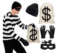 JoyinTcos Costume da rapinatore per adulti, 4 pezzi, accessori per ladro, maschera, borsa, cappello, guanti da uomo e donna, per Halloween, cosplay, ladro, abbigliamento scenico