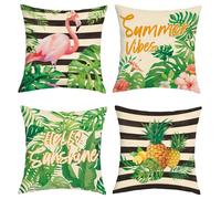 Joymaison Federe Cuscini Divano 45x45 set da 4 Tropicale Foglia Fenicottero | Decorativa Copricuscini Pianta Estate Tropico Palma Floreale Rosa Fiori Foglie Verdi Ananas per Divano Soggiorno Esterno