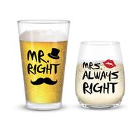 Joymaking Mr Right & Mrs Always Right - Set di bicchieri da vino e bicchieri da birra per coppie, regali per amici, Natale, addio al nubilato, fidanzamento, anniversario di matrimonio, San Valentino