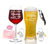 Joymaking Set di bicchieri da vino rosso e da birra con incisione, per la migliore mamma e il miglior papà del mondo, regali per genitori, papà, mamma, genitori personalizzati, regalo per la festa