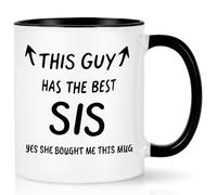 Joymaking Tazza da caffè con scritta in inglese "This Guy has the best sis", regalo divertente per fratello, compleanno, Natale, migliore fratello, 325 ml, nero