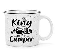 Joymaking Tazza da caffè con scritta King of the Camper, regalo per campeggiatori, accessori da campeggio, 450 ml, colore bianco