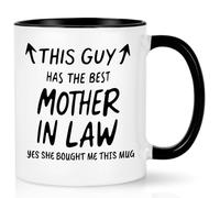 Joymaking Tazza da caffè regalo per genero, regalo di Natale e compleanno, con scritta in inglese "This Guy has The Best Mother in Law", regalo divertente per genero, 325 ml, colore nero