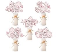 JOYMEMO 24 bastoncini centrotavola rosa con scritta "She will be here soon", a doppia faccia, decorazione da tavolo per baby shower, decorazione da tavolo a tema oceano costiero per feste in