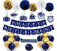 JOYMEMO 30 decorazioni per feste di pensionamento, blu navy, oro, per uomini e donne, striscione per pensionamento felice fascia da appendere turbinii di carta pompon e palloncini, decorazioni per