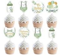 JOYMEMO 36 pezzi verdi gemelli baby shower cupcake decorativi in pizzo verde salvia bifacciale, sesso di benvenuto gemelli annuncio gravidanza accessori per feste