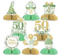 JOYMEMO 8 centrotavola a nido d'ape verde salvia per 50° compleanno, decorazioni per il 50° compleanno per donne e uomini, verde, bianco e oro, per feste di compleanno per cinquanta compleanno