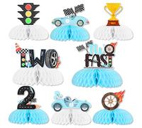 JOYMEMO 8 pezzi due centrotavola veloci a nido d'ape, decorazioni per feste di 2° compleanno per ragazzi, bandiera a scacchi Let's Go Racing, forniture per feste di 2 anni, decorazione da tavolo blu