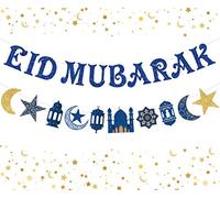 JOYMEMO Blue Glitter Eid Mubarak Banner Star And Moon Garland Ramadan Hajj Mubarak Decorazioni per la tavola di casa Decorazione Islamica Musulmana Ramadan Kareem Party Supplies 2 Pezzi