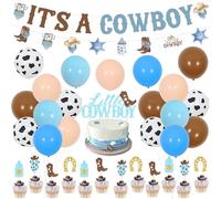JOYMEMO Decorazioni per baby shower a tema cowboy blu e marrone - It's A Cowboy Banner, Little Cowboy Cake Topper, Western Cowboy Cupcake Garland, Wild West Baby Boy Shower Party Supplies
