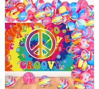 JOYMEMO Decorazioni per feste a tema hippie anni '60, sfondo fotografico Groovy con palloncini tie-dye, kit per arco retrò anni '60, sfondo decorativo per feste Woodstock