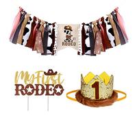 JOYMEMO Decorazioni per il 1° compleanno cowboy, colore marrone, con scritta "My First Rodeo", decorazione per torta con cappello a corona, forniture per feste di compleanno a tema occidentale per