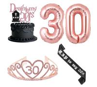 JOYMEMO Decorazioni per il 30° compleanno di sua moglie, oro rosa e nero, cintura e corona per il 30° compleanno, pallone da baudruche per la festa dei 30 anni a tema funerale.