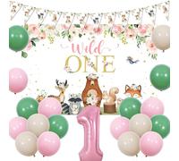 JOYMEMO Decorazioni per il primo compleanno del bosco per ragazze, sfondo selvaggio, striscione con creature del bosco, animali della foresta rosa Happy 1st Birthday Party Supplies