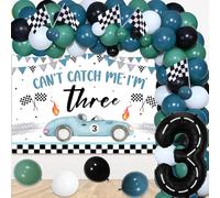 JOYMEMO Decorazioni vintage per 3° compleanno per ragazzi - Palloncini auto da corsa Kit ghirlanda ad arco con sfondo Can't Catch Me I'm Three, Palloncino numero 3, bandiere a scacchi per tre veloci
