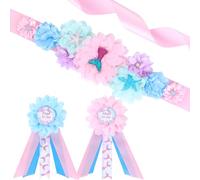 JOYMEMO Fascia per maternità con sirena, per baby shower, cintura per la pancia e spille per mamma e papà futuro essere, fascia per gravidanza a tema oceano, accessori per feste