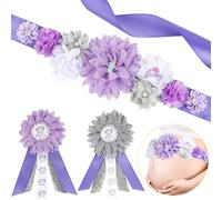 JOYMEMO Kit fascia per maternità con elefante viola e grigio, con fiore di elefante, cintura per pancia e futuro papà e futuro papà, accessori per foto per i neo genitori in gravidanza