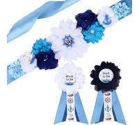 JOYMEMO Kit nautico per baby shower, fascia premaman - blu Ahoy NauticalmBaby Shower cintura pancia e mamma per essere e papà per essere corpetto spille, gravidanza neo genitori oggetti di scena foto