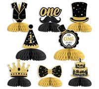 JOYMEMO Mr. Onederful - Set di centrotavola per il 1° compleanno a nido d'ape, 8 decorazioni da tavola double-face, colore: nero e oro, con papillon, cappello a velo, corona e torta, facile da montare
