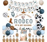 JOYMEMO My 2nd Rodeo Decorations - Sfondo e striscione per 2° compleanno, palloncini con numero 2, decorazioni retrò per torte e cupcake blu marrone