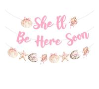 JOYMEMO She'll Be Here Soon Banners, Seashell Pink Bows Baby Shower Decor | Materiale di carta, rosa, per donne celebrazione della gravidanza, festa a tema oceano Photo Booth sfondo parete decorazione