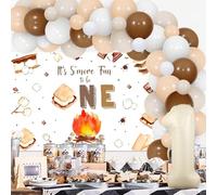JOYMEMO S'more - Decorazioni per il primo compleanno per ragazzi e ragazze, kit con ghirlanda di palloncini Smore con It's S'more Fun to Be One Birthday Backdrop, palloncino numero 1 per falò,