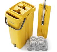JOYMOOP Set di mocio commerciale resistente per la pulizia dei pavimenti, mocio asciutto bagnato e secchio con secchio giallo di grande capacità, include 5 panni riutilizzabili in microfibra