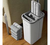 JOYMOOP Set di mocio e secchio con strizzatore, set bianco piatto per la pulizia dei pavimenti, detergente per pareti con manico lungo, mocio per pavimenti in legno duro, mocio a testa piatta, 8 panni