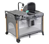 JOYMOR Lettino 7 in 1 con fasciatoio, tutto in uno, per la cameretta dei bambini, con materasso, lenzuolo, baldacchino, ripiano portaoggetti e giocattolo appeso, grigio