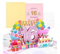 joyoldelf Biglietto di Auguri di Compleanno 16 Anni Pop-Up 3D - Carta di Auguri con Busta per Ragazza, Donna, Amica, Mamma, Uomo - Regalo Romantico e Creativo