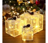 Joyoldelf Set di 3 scatole regalo di Natale, 50 LED, decorazioni per pacchi, luci con 8 modalità, decorazioni di gelso, set di 3 luci natalizie sotto l'albero luminose per esterni (stile a rete)
