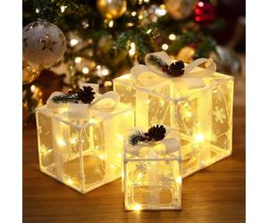 Joyoldelf Set di 3 scatole regalo di Natale, 50 LED, decorazioni per pacchi, luci con 8 modalità, decorazioni di gelso, set di 3 luci natalizie sotto l'albero luminose per esterni (stile a rete)