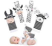 JoyPlus Calzini Sonaglio Neonato,4 Pezzi Sonagli Calzini da Polso a Sonaglio per Bambini,Sonagli Calzini per Neonati in Bianco e Nero,Stimola l'esplorazione Sensoriale,Regalo Nascita Bimbo 0 6 12 Mesi