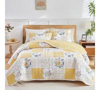 Joyreap Set di 3 pezzi con trapunta floreale patchwork per letto matrimoniale, motivo fiori gialli e bianchi, in morbida microfibra, copriletto per tutte le stagioni, 1 trapunta e 2 federe per cuscino