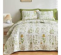 Joyreap Set di biancheria da letto double-face, 3 pezzi, in morbida microfibra, con motivo botanico con fiori gialli e foglie verdi, per tutte le stagioni, 1 trapunta e 2 federe per cuscino (letto