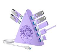 JoyReken Hub USB 3.0 a 7 porte, splitter USB verticale viola chiaro con luci RGB ispirate all'albero, trasferimento ad alta velocità da 5 Gbps, cavo da 6 m, compatibile con MacBook, PC, unità flash