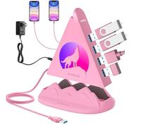 JoyReken Hub USB 3.0 alimentato con adattatore AC, hub USB a 6 porte (4 dati + 2 ricarica rapida), design e base RGB Wolf compatibile con PC, laptop, PS4/5, unità flash, keyborad, mouse (rosa)