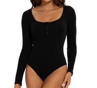 Joyshaper Body Manica Lunga Donna Perizoma Body Top Scollo Rotondo Bodysuit Elegante a Coste Camicetta con Bottoni Tuta Aderente, Nero, L