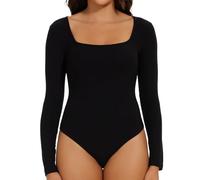 Joyshaper Donna Body Scollo Quadrato Maniche Lunghe Colore Solido Bluse Elegante Top Bodysuit Perizoma Maglie Camicetta, Nero, XXL
