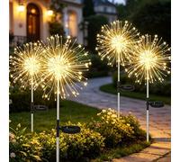 Joysing Luci Solari Esterno 4 Pezzi 120LED Lusine da Fuochi d'artificio com Telecomando, 8 Modalità Lucine Solari Impermeabili Decorazioni Giardino per Esterno Prato Cortile Patio - Bianco Caldo