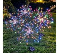 Joysing Luci Solari Esterno 4 Pezzi 120LED Lusine da Fuochi d'artificio com Telecomando, 8 Modalità Lucine Solari Impermeabili Decorazioni Giardino per Esterno Prato Cortile Patio - Multicolore