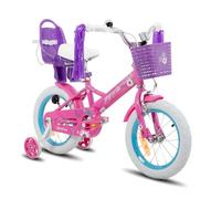 JOYSTAR Stitch Daisy Bicicletta per bambini da 14 pollici, per bambine da 3 a 5 anni, ruote da 14 pollici, con sedile per bambole, streamers e stabilizzatori, viola