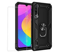 Joytag Compatibile per Cover Xiaomi Mi A3，Custodia + Vetro temperato Silicone TPU 360 Grado Anello Girevole Magnetico Supporto Cassa del Telefono dell'auto Case-Nero
