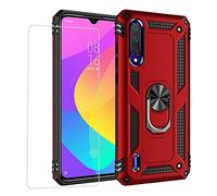 Joytag Compatibile per coverXiaomi Mi 9 Lite，Custodia + Vetro temperato Silicone TPU 360 Grado Anello Girevole Magnetico Supporto Cassa del Telefono dell'auto Case-Rosso