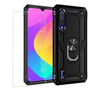 Joytag Cover per Xiaomi Mi 9 Lite Custodia + Vetro temperato Silicone TPU 360 Grado Anello Girevole Magnetico Supporto Cassa del Telefono dell'auto Case-Nero