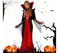 JOYTIX®Costume da Regina Vampira Vittoriana per Ragazze: Vestito Gotico in Velluto con Colletto in Pizzo, Choker, Cintura e Corona | Abito da Festa Halloween Reale (12-14 Anni, Rosso/Nero)