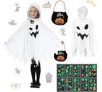 JOYTIX®costume fantasma bambino: Veste Fluorescente, Zucchero Zuccheriera & 10 Stickers Fosforescenti | Costume Halloween 2025 per Ragazze e Ragazzi (L (altezza consigliata 140-160 cm))